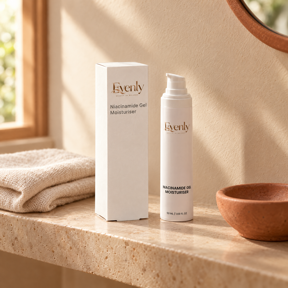 Evenly Night Cream and its carton on a warm stone bathroom shelf in morning light