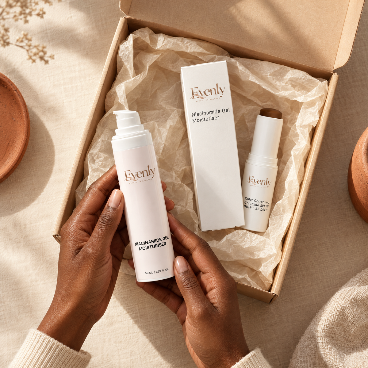 Hands with deep brown skin lifting the Evenly Night Cream out of its shipping box