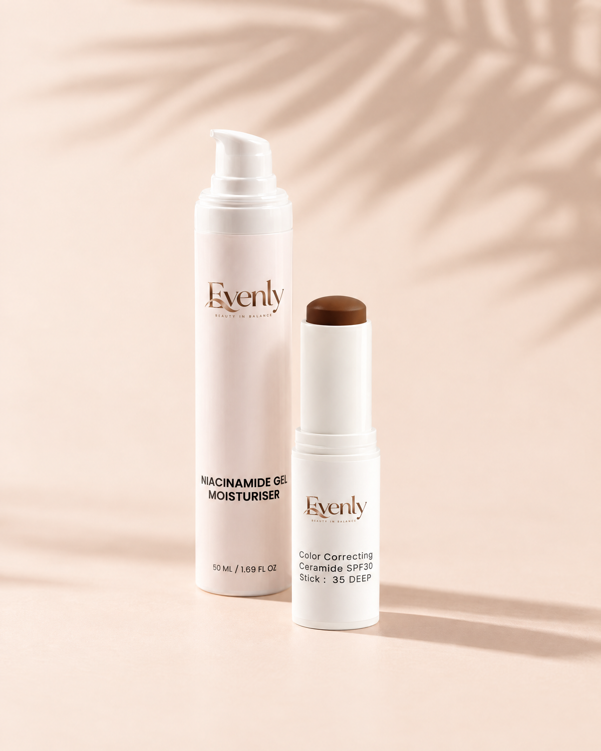 Evenly Night Cream and Day Stick together on a warm cream background